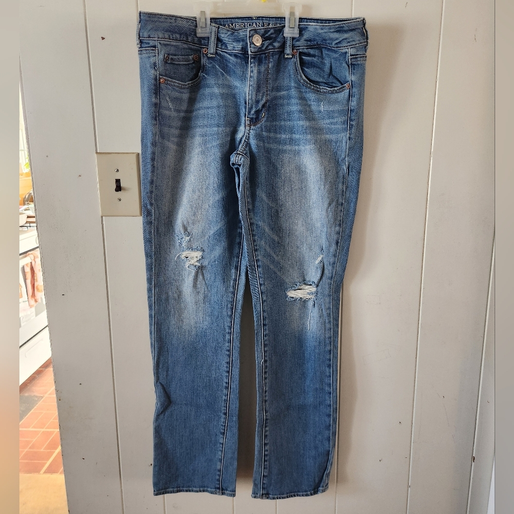 American Eagle Outfitters Light Blue Ripped Straight Jeans Size 12